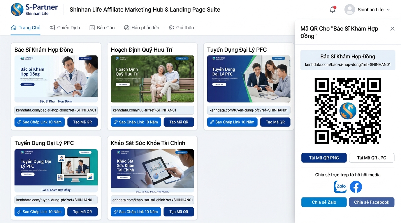 Giao diện Kho Công Cụ Tiếp Thị Affiliate & Mã QR Shinhan Life